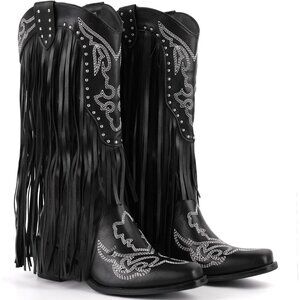 ⚡Women Black Faux Leather Fringe Pointed Toe Chunky Heel Western Cowgirl Boots